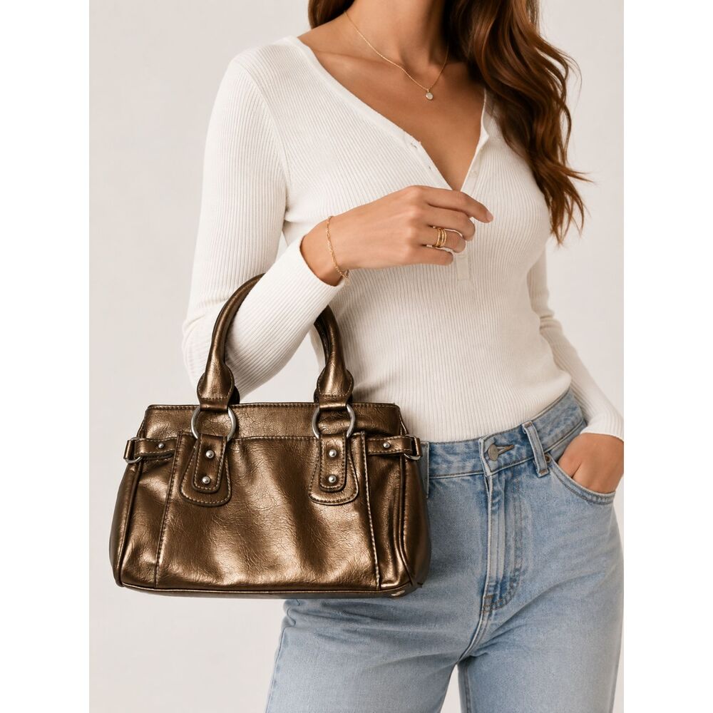St Johns Bay Metallic Bronze Satchel Handbag Y2K Top Handle Buckle Purse